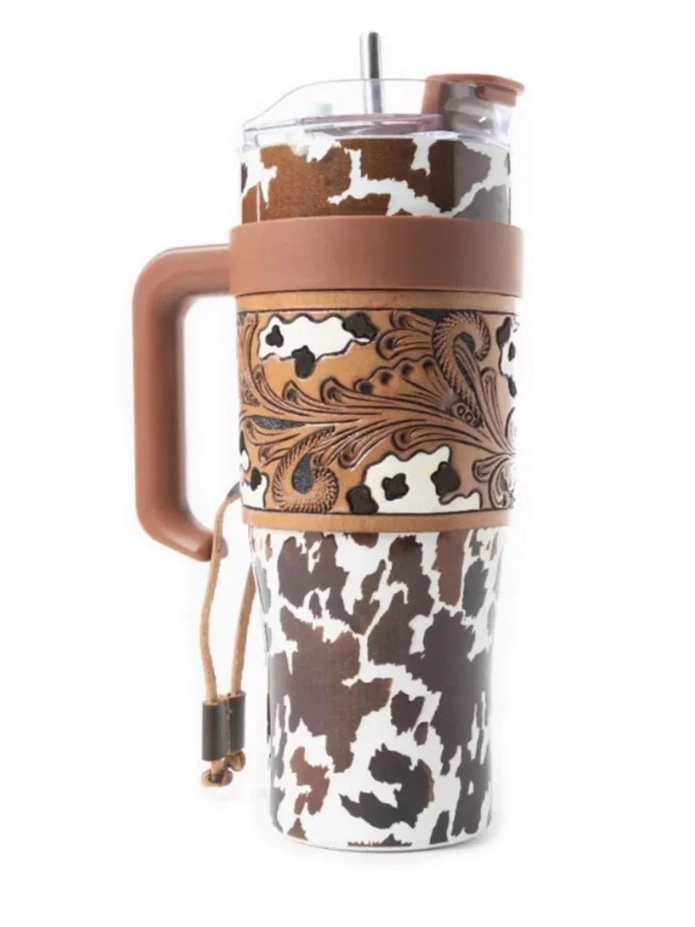 Brown Cowhide Pattern Insulated Travel Mug with Leather Wrap